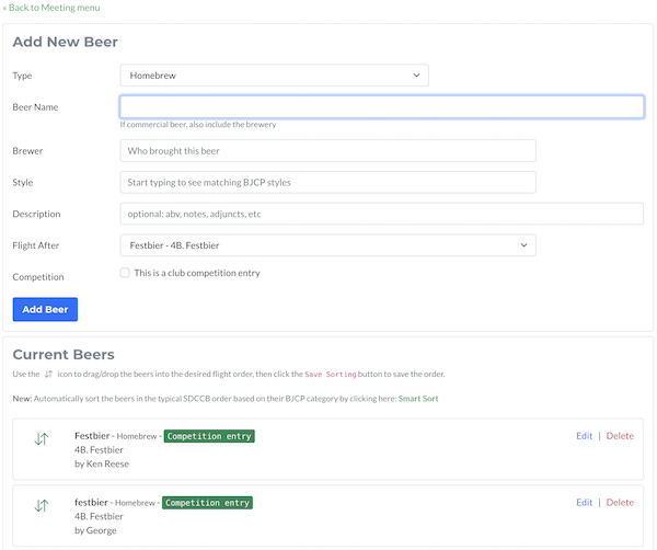 Brew Meeting - Adding Beers / Flighting page